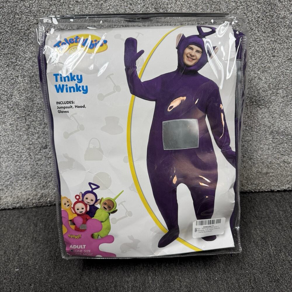 Spirit Halloween TInky Winky Costume Adult One Size Jumpsuit Hood Gloves Purple